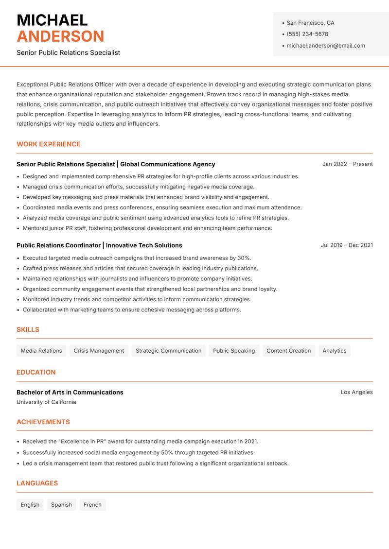 Public Relations Officer resume sample — Senior Public Relations Specialist focus
