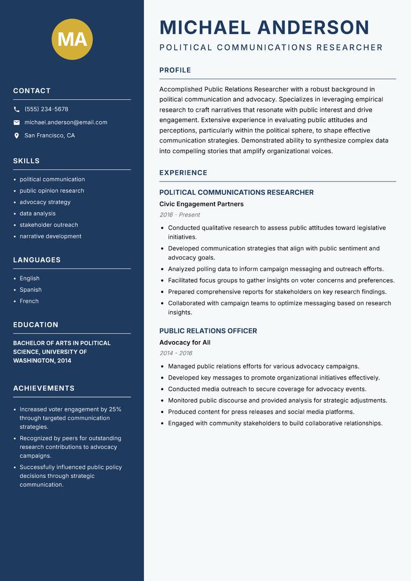 Public Relations Researcher resume sample — Political Communications Researcher focus