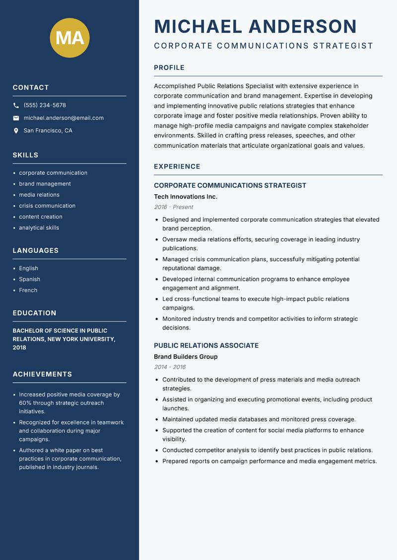 Public Relations Specialist resume sample — Corporate Communications Strategist focus