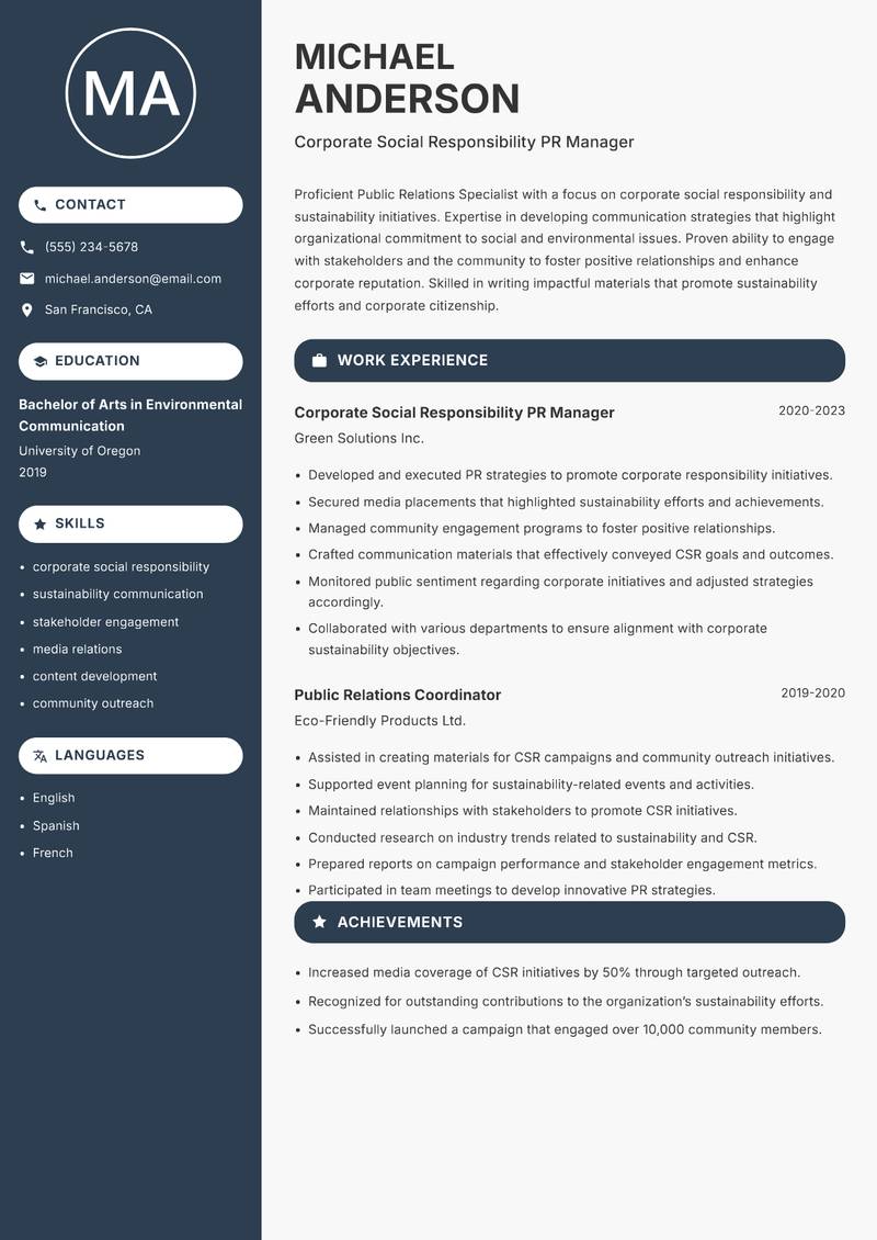 Public Relations Specialist resume sample — Corporate Social Responsibility PR Manager focus