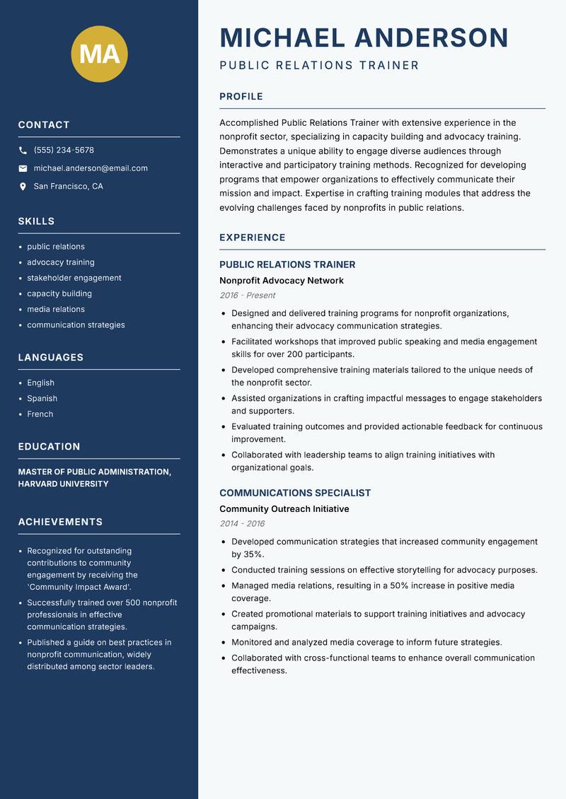 Public Relations Trainer resume sample — Public Relations Trainer focus