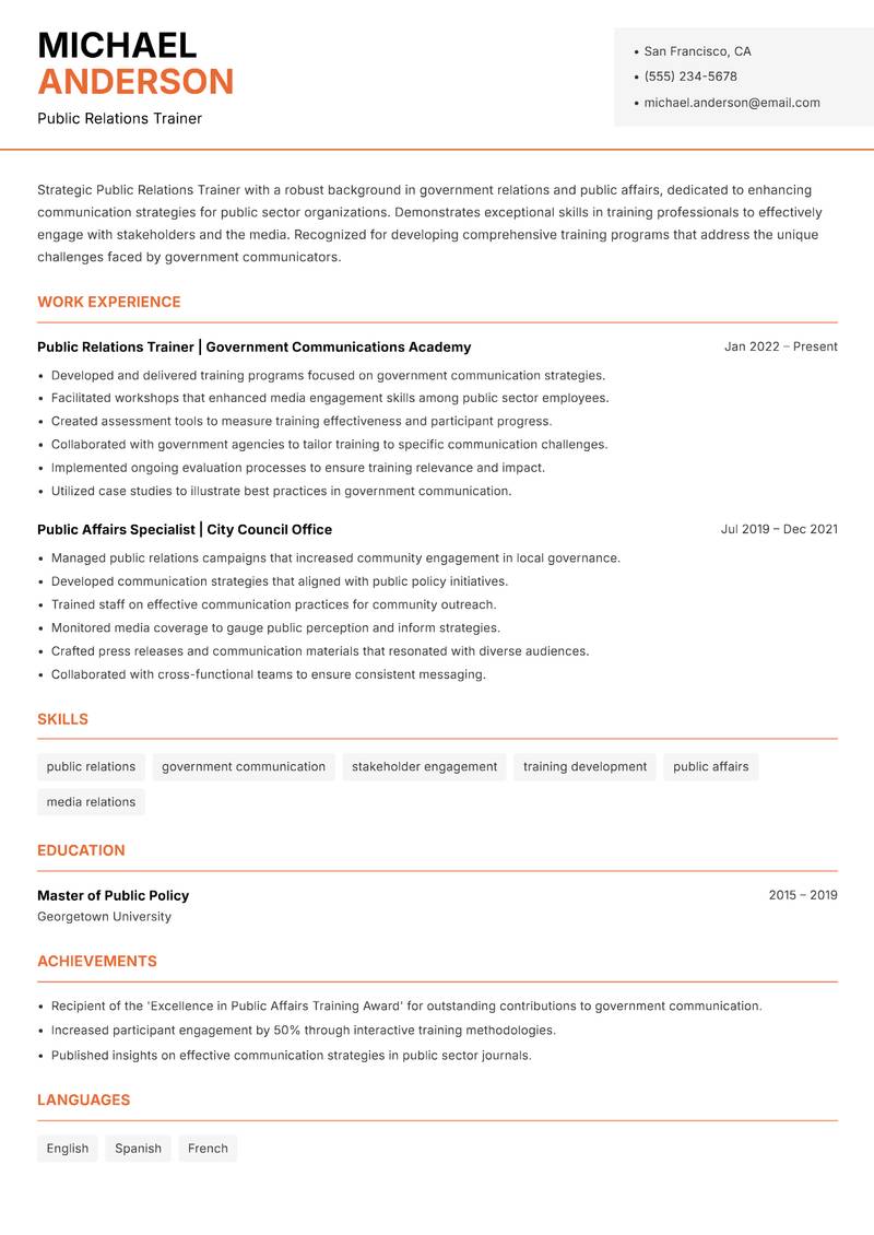 Public Relations Trainer resume sample — Public Relations Trainer focus