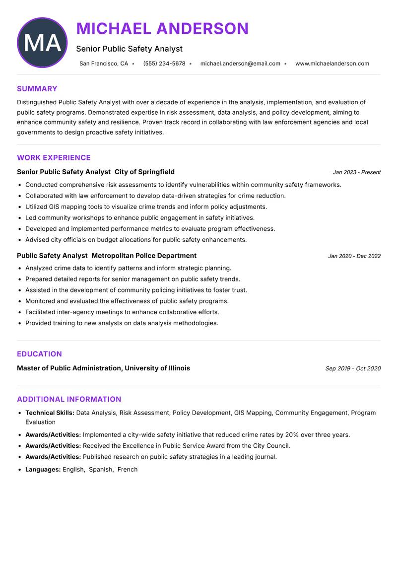 Public Safety Analyst resume example
