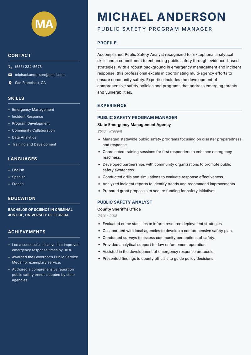 Public Safety Analyst resume sample — Public Safety Program Manager focus