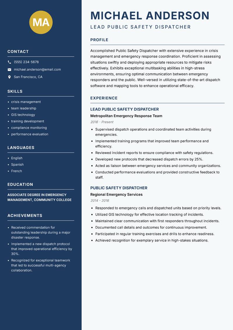Public Safety Dispatcher resume sample — Lead Public Safety Dispatcher focus