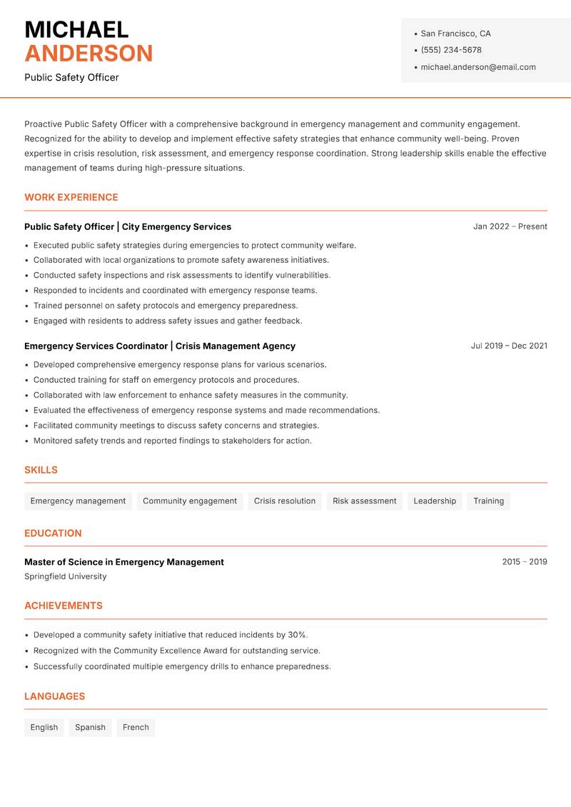 Public Safety Officer resume sample — Public Safety Officer focus