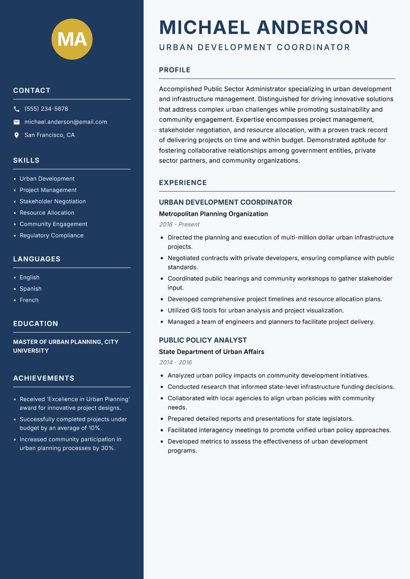 Public Sector Administrator resume sample — Urban Development Coordinator focus
