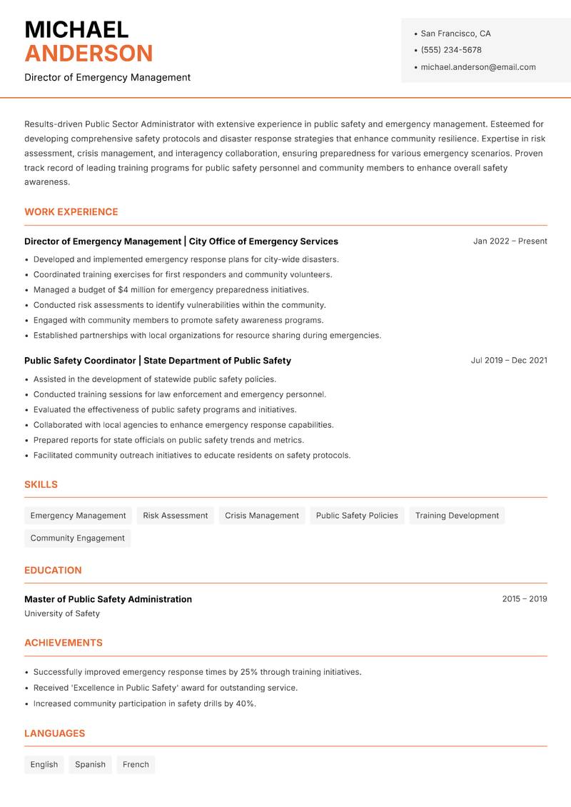 Public Sector Administrator resume sample — Director of Emergency Management focus