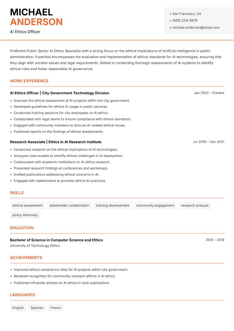 Public Sector AI Ethics Specialist resume sample — AI Ethics Officer focus