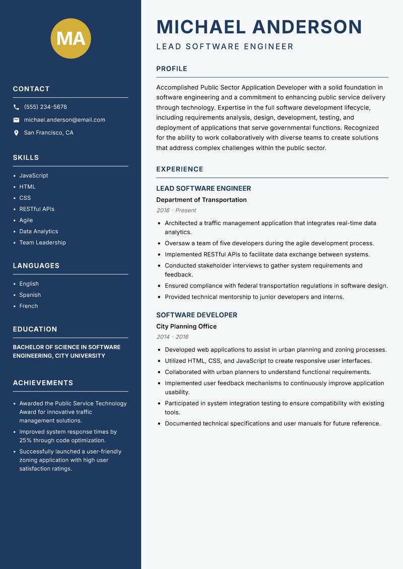 Public Sector Application Developer resume sample — Lead Software Engineer focus