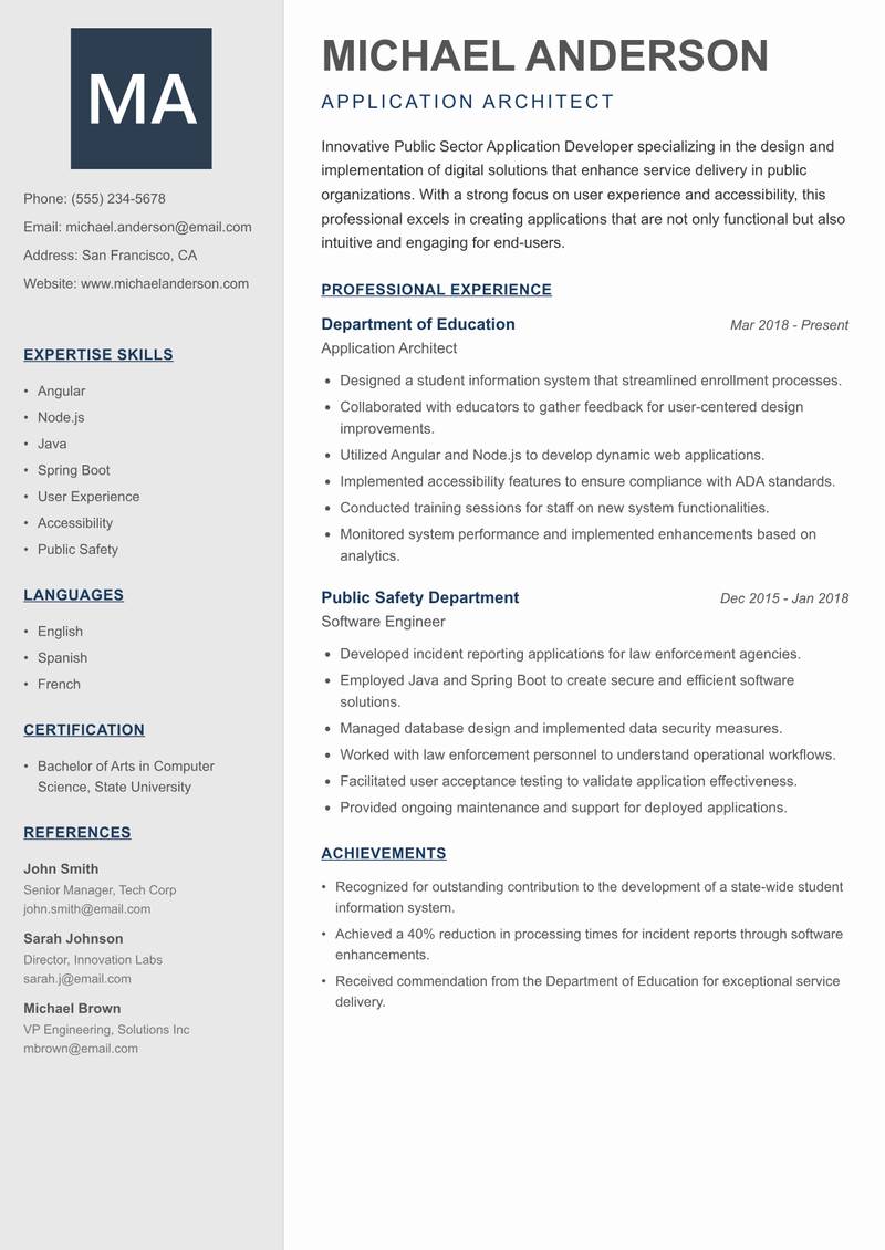 Public Sector Application Developer resume sample — Application Architect focus
