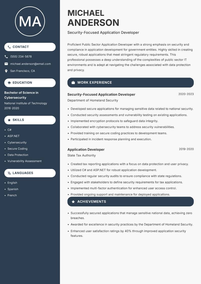 Public Sector Application Developer resume sample — Security-Focused Application Developer focus