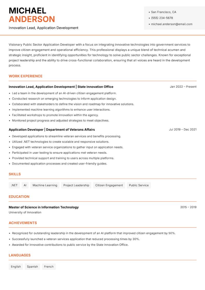 Public Sector Application Developer resume sample — Innovation Lead, Application Development focus