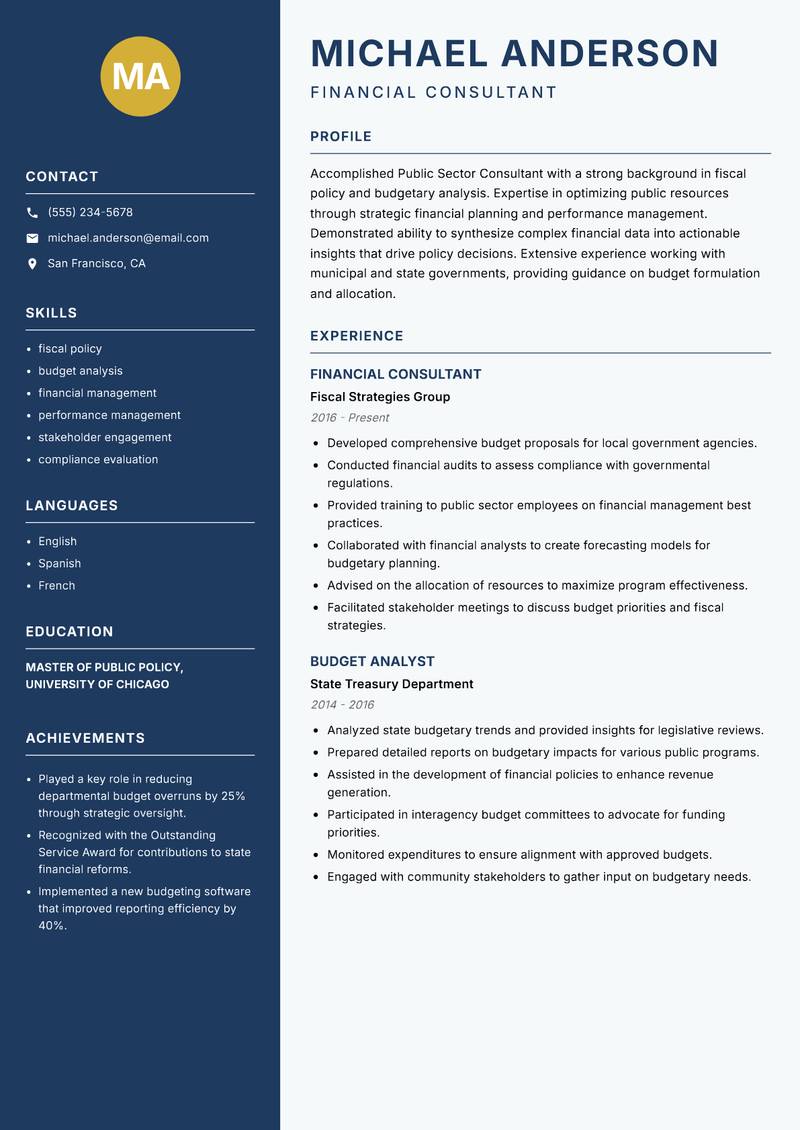 Public Sector Consultant resume sample — Financial Consultant focus