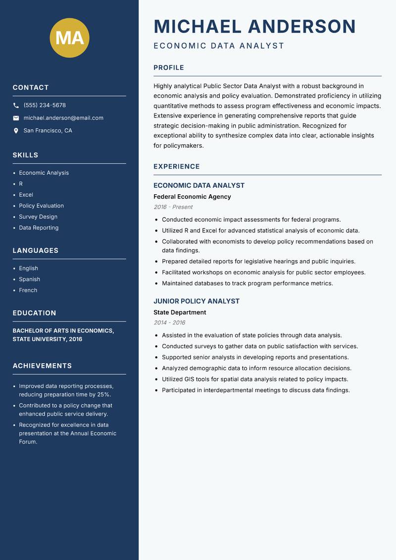 Public Sector Data Analyst resume sample — Economic Data Analyst focus