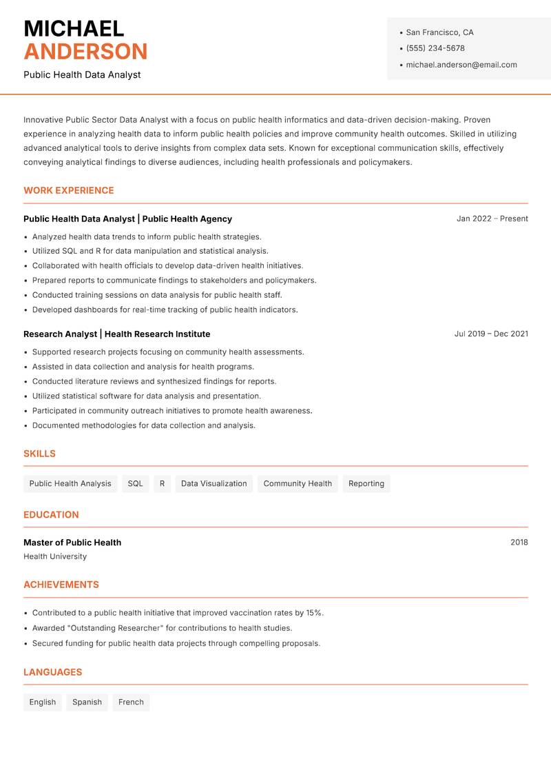 Public Sector Data Analyst resume sample — Public Health Data Analyst focus