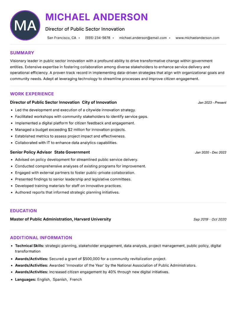 Public Sector Innovation Lead resume example