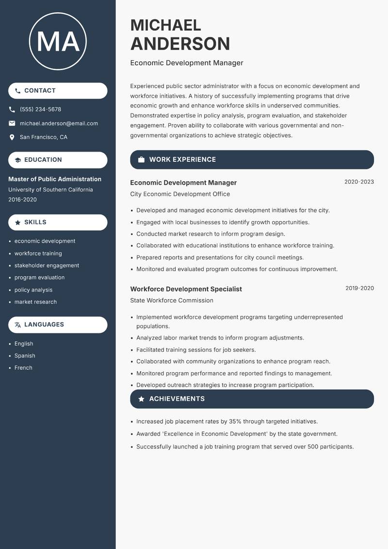 Public Sector Innovation Lead resume sample — Economic Development Manager focus