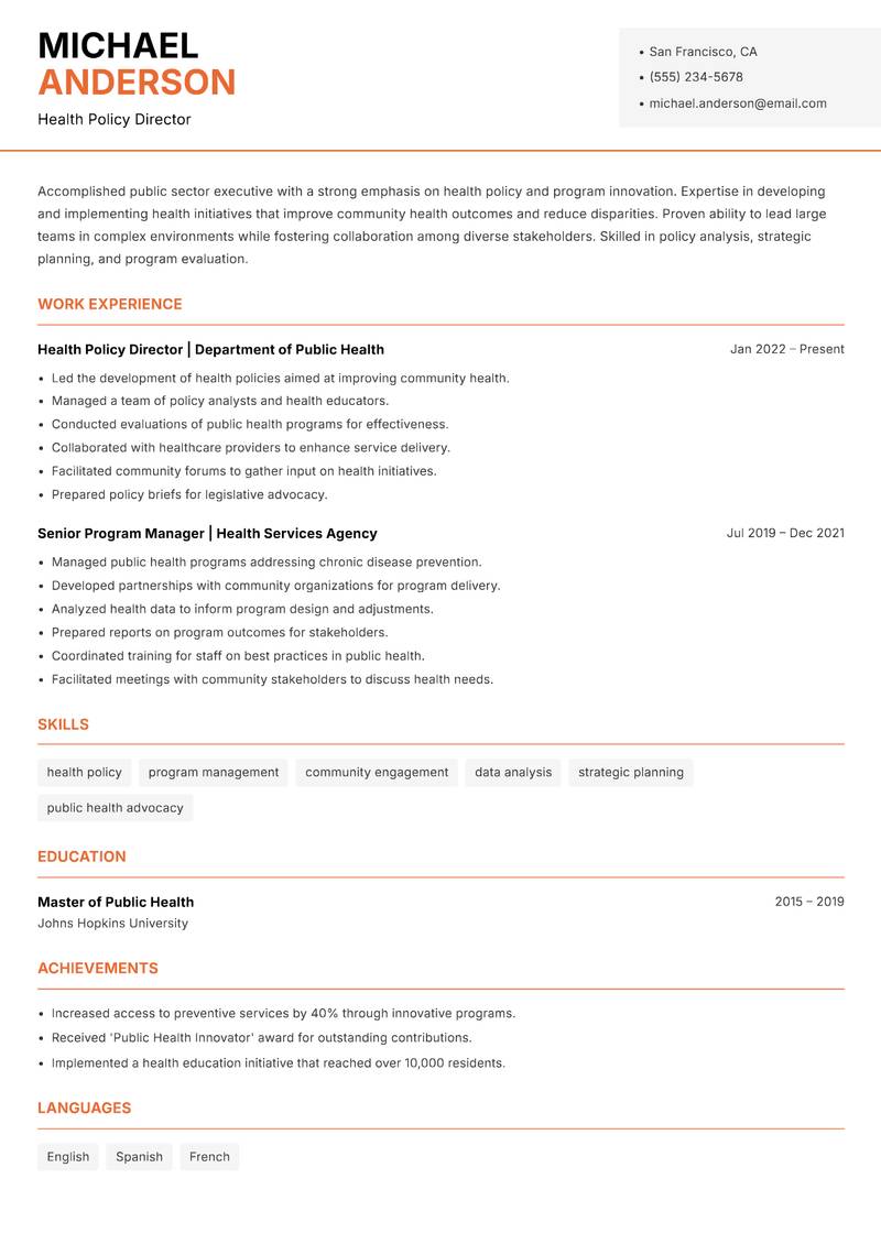 Public Sector Innovation Lead resume sample — Health Policy Director focus