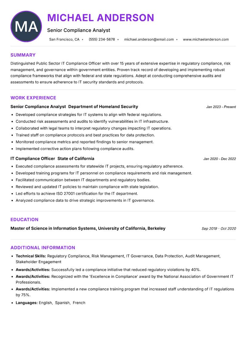 Public Sector IT Compliance Officer resume example