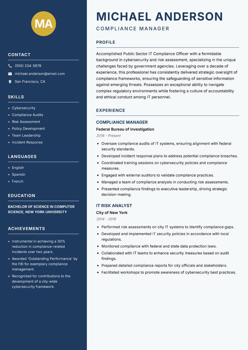 Public Sector IT Compliance Officer resume sample — Compliance Manager focus