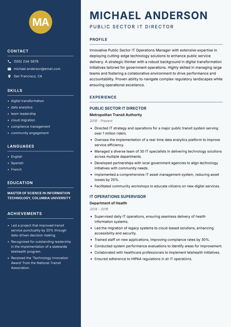 Public Sector IT Operations Manager resume sample — Public Sector IT Director focus