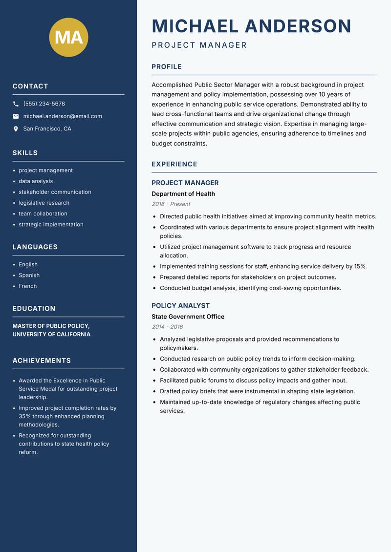 Public Sector Manager resume sample — Project Manager focus