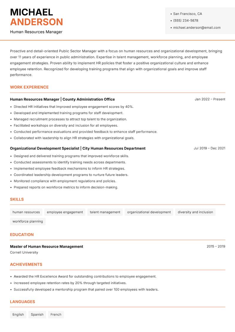 Public Sector Manager resume sample — Human Resources Manager focus