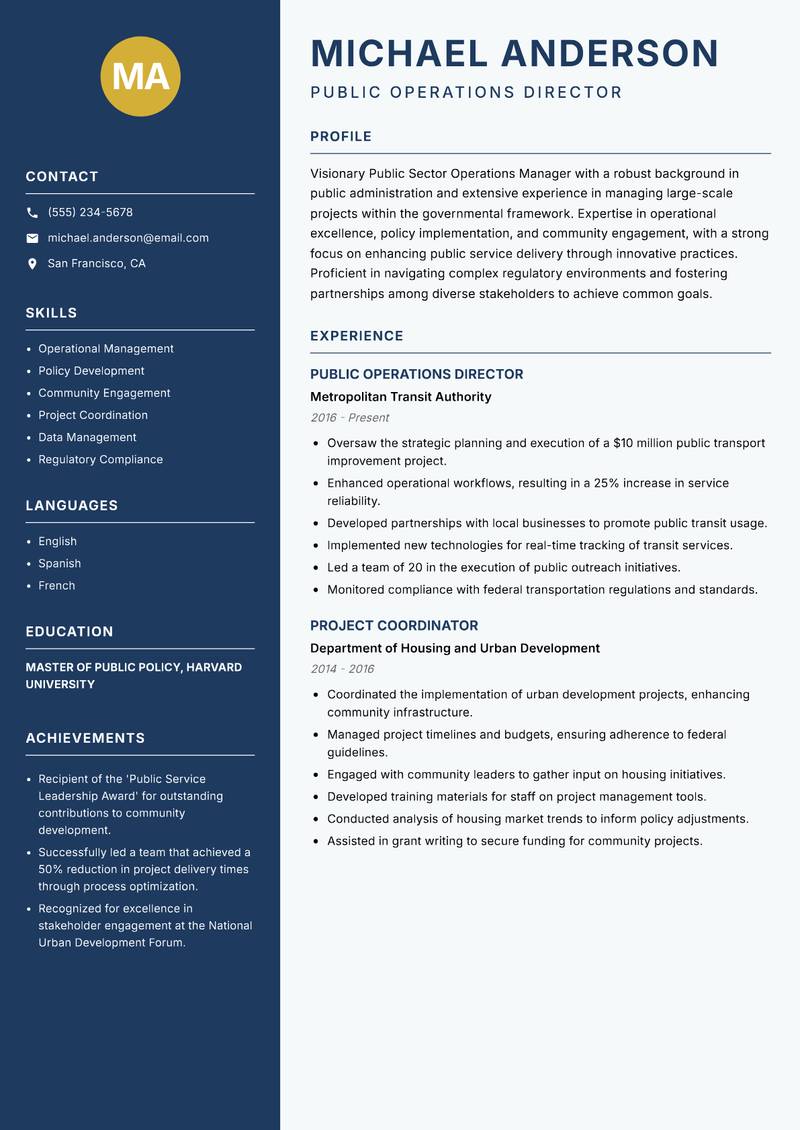 Public Sector Operations Manager resume sample — Public Operations Director focus
