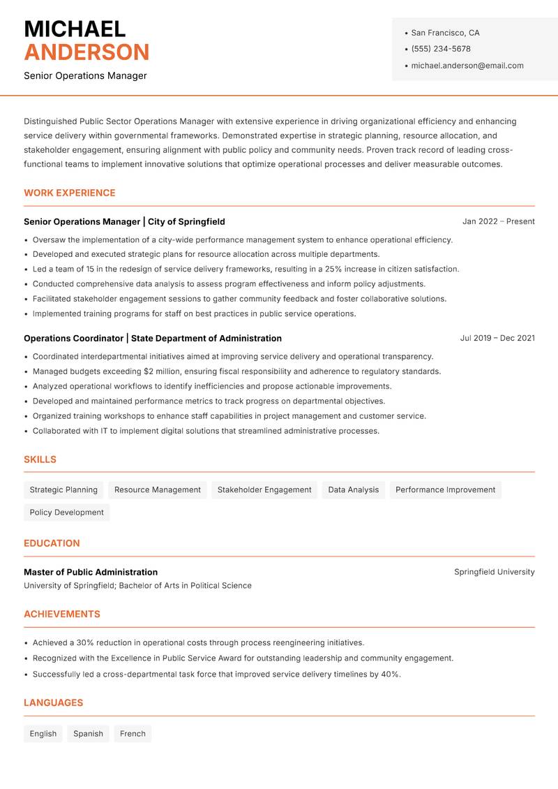 Public Sector Operations Manager resume sample — Senior Operations Manager focus