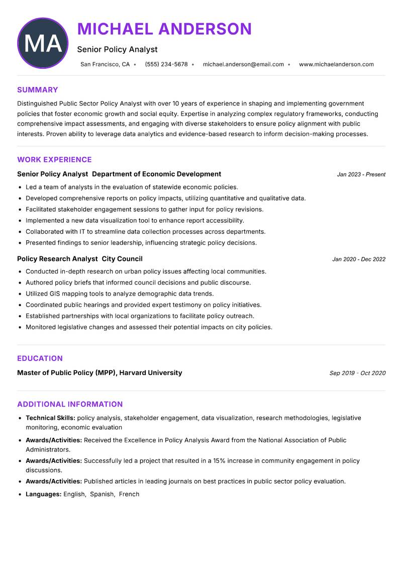 Public Sector Policy Analyst resume example