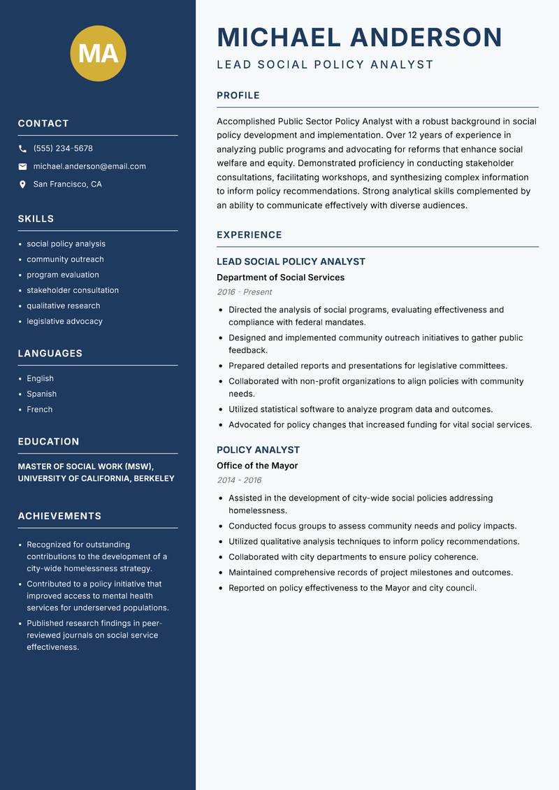 Public Sector Policy Analyst resume sample — Lead Social Policy Analyst focus