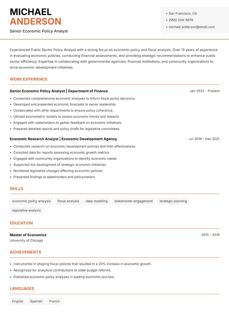 Public Sector Policy Analyst resume sample — Senior Economic Policy Analyst focus