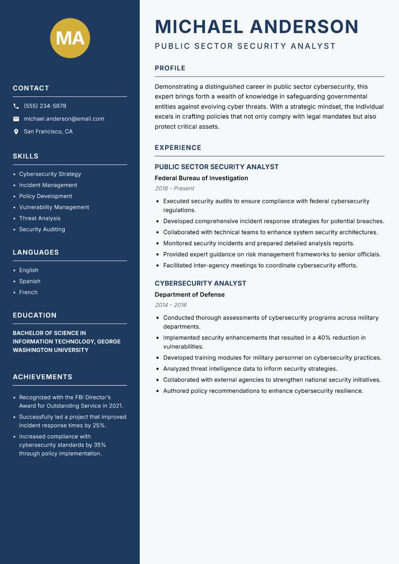 Public Sector Security Analyst resume sample — Public Sector Security Analyst focus