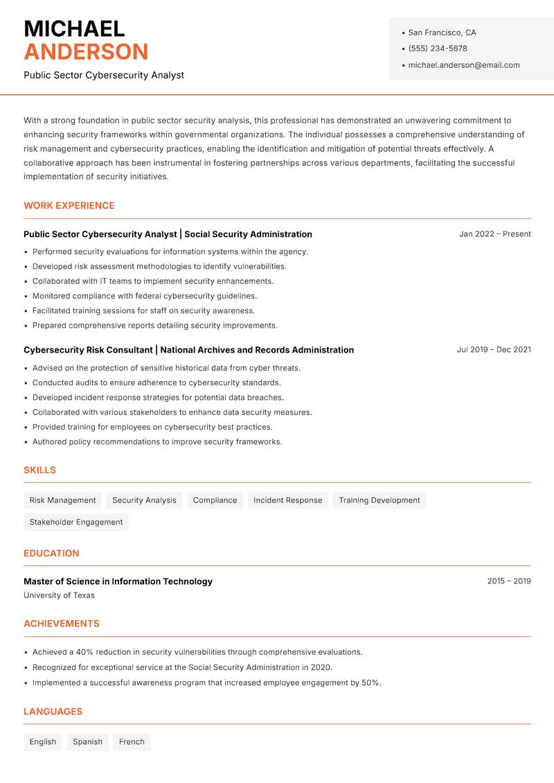 Public Sector Security Analyst resume sample — Public Sector Cybersecurity Analyst focus