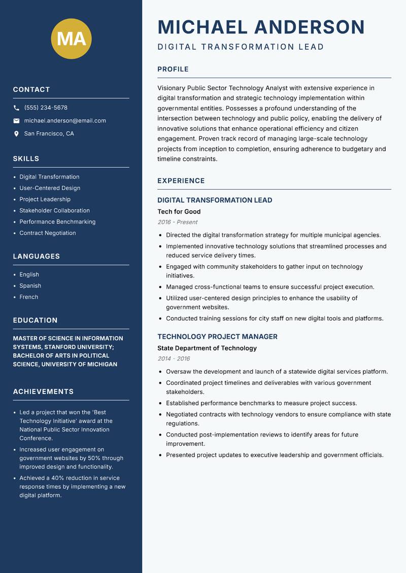 Public Sector Technology Analyst resume sample — Digital Transformation Lead focus