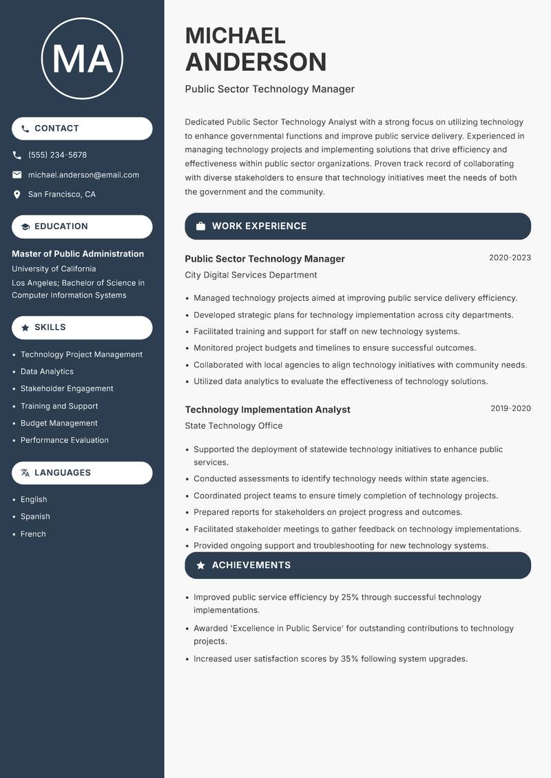 Public Sector Technology Analyst resume sample — Public Sector Technology Manager focus