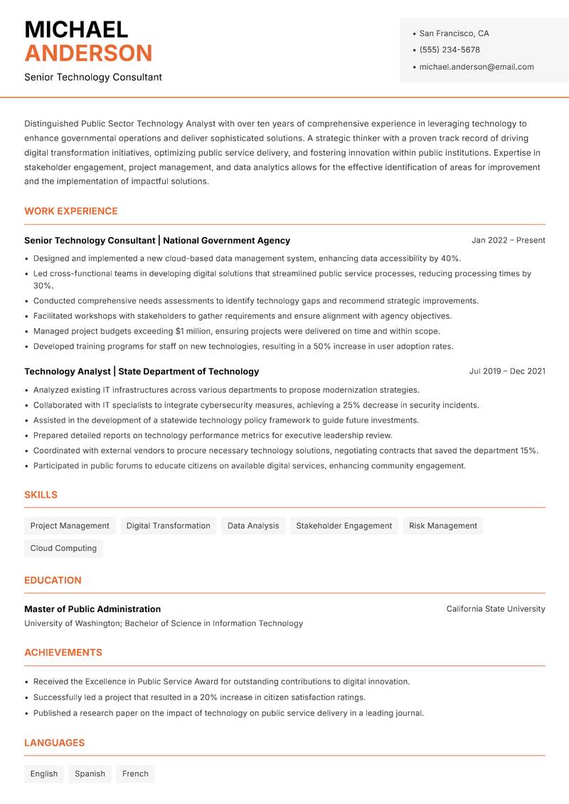 Public Sector Technology Analyst resume sample — Senior Technology Consultant focus