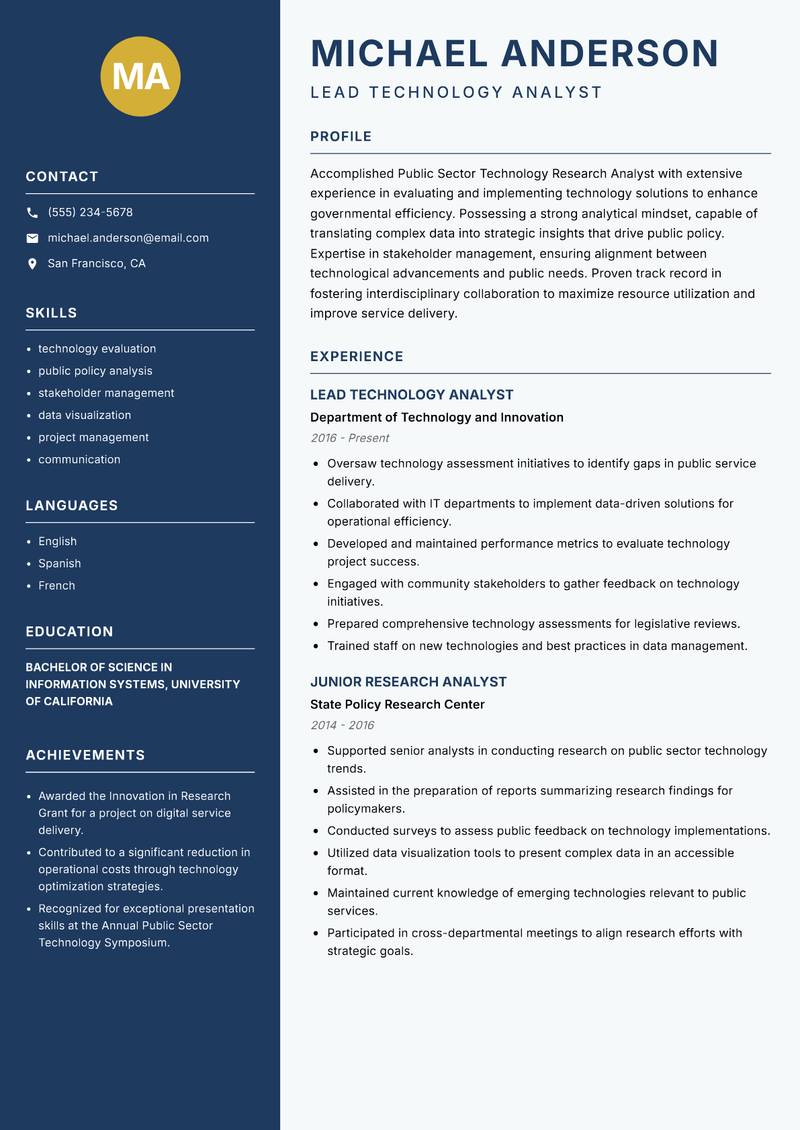 Public Sector Technology Research Analyst resume sample — Lead Technology Analyst focus