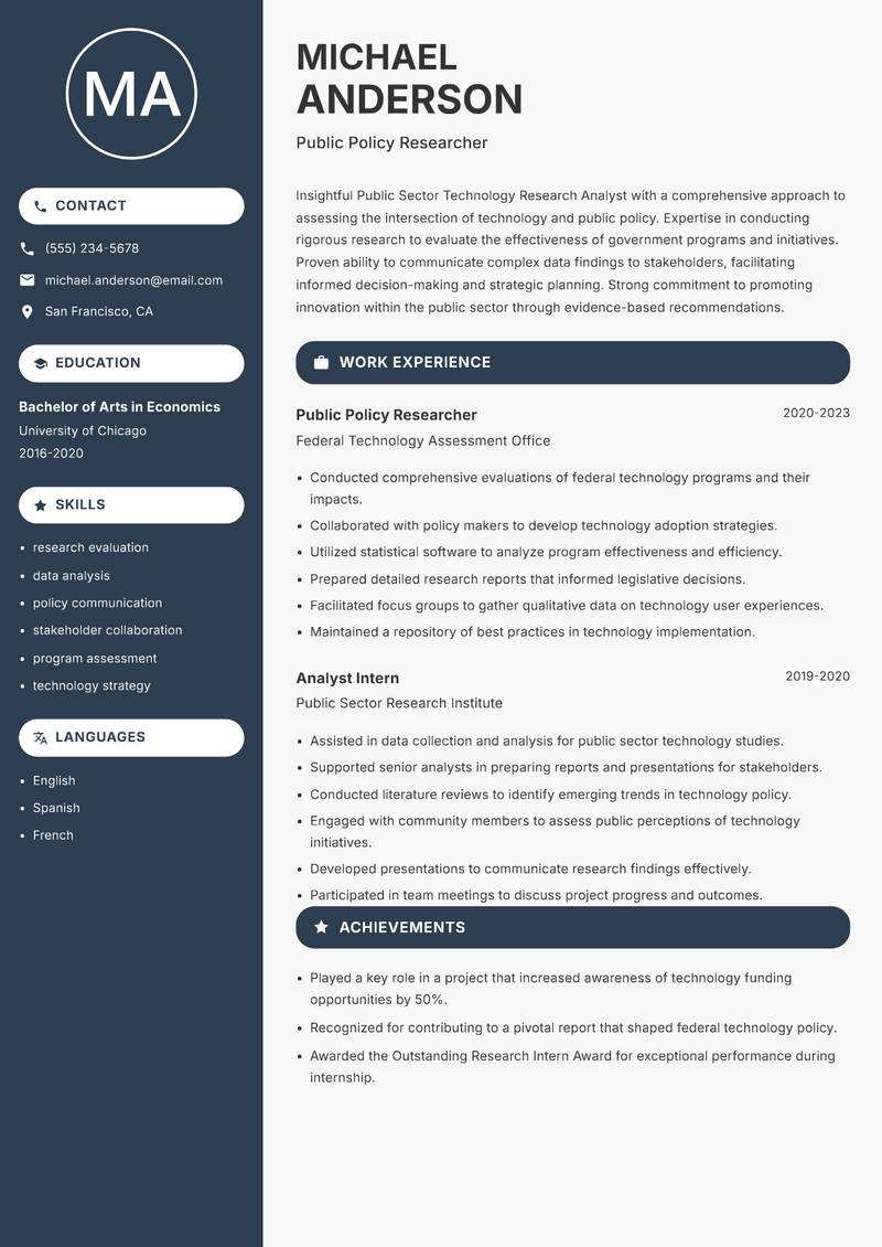 Public Sector Technology Research Analyst resume sample — Public Policy Researcher focus