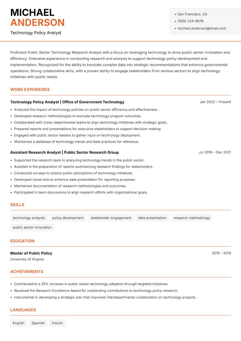 Public Sector Technology Research Analyst resume sample — Technology Policy Analyst focus