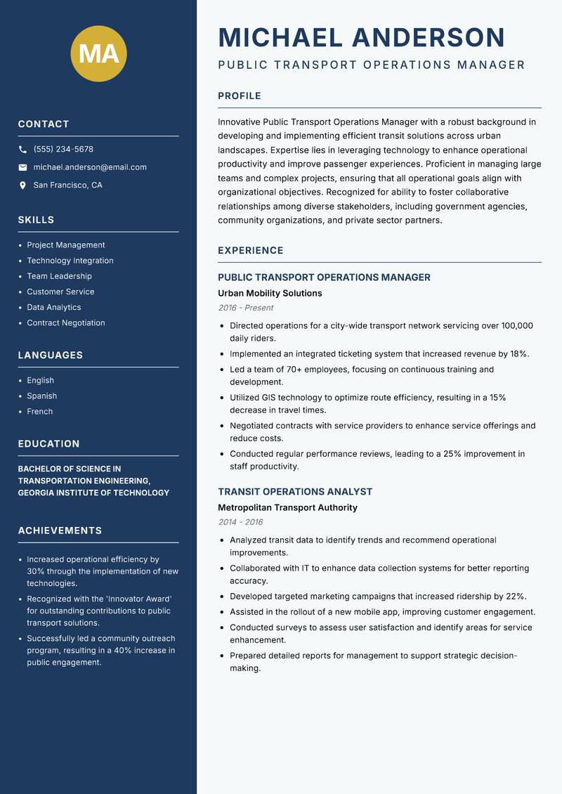 Public Transport Operations Manager resume sample — Public Transport Operations Manager focus