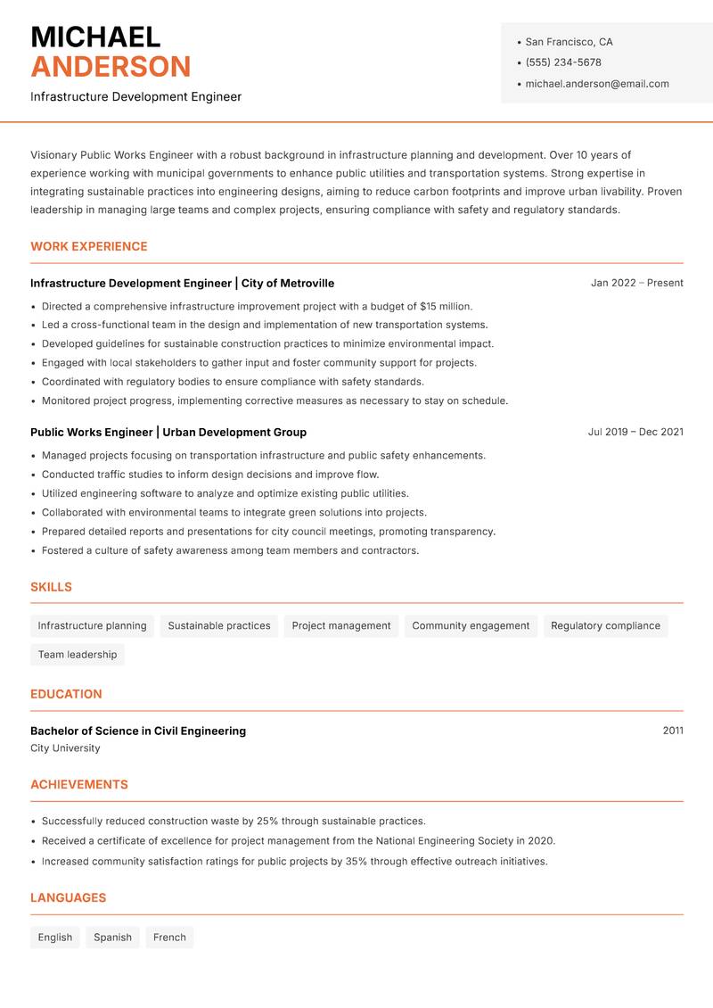 Public Works Engineer resume sample — Infrastructure Development Engineer focus