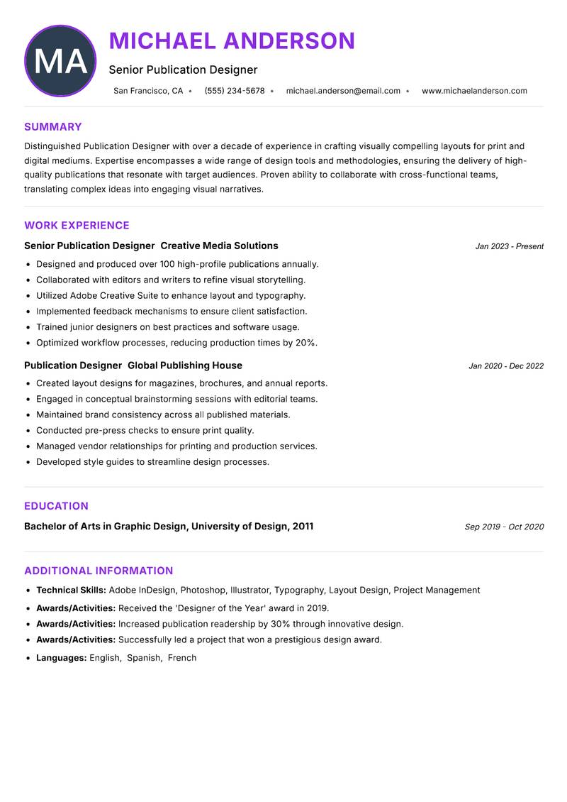 Publication Designer resume example
