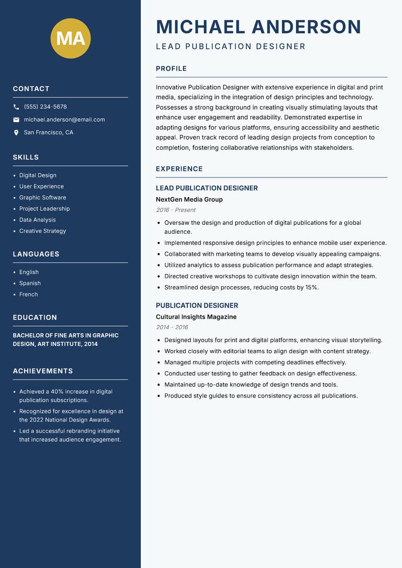 Publication Designer resume sample — Lead Publication Designer focus