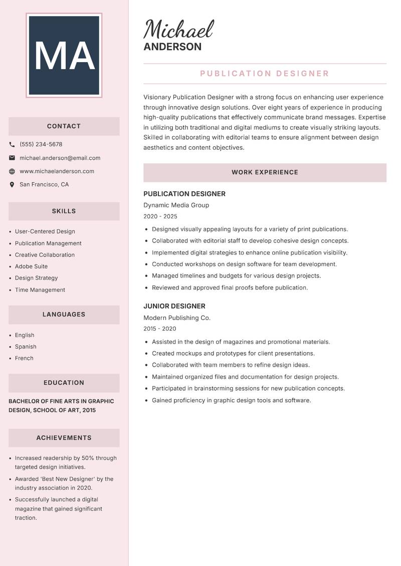 Publication Designer resume sample — Publication Designer focus