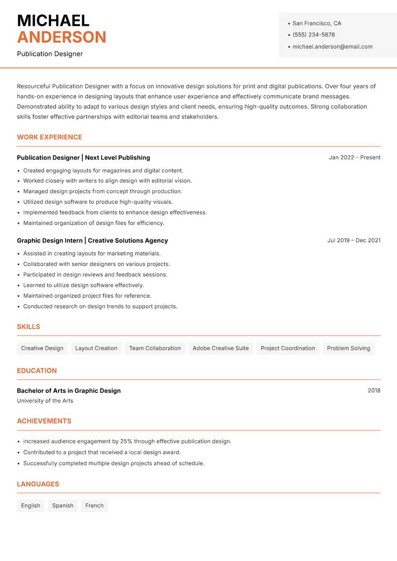 Publication Designer resume sample — Publication Designer focus