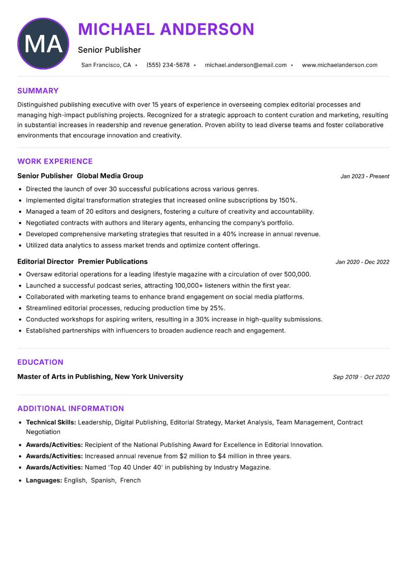 Publisher resume example