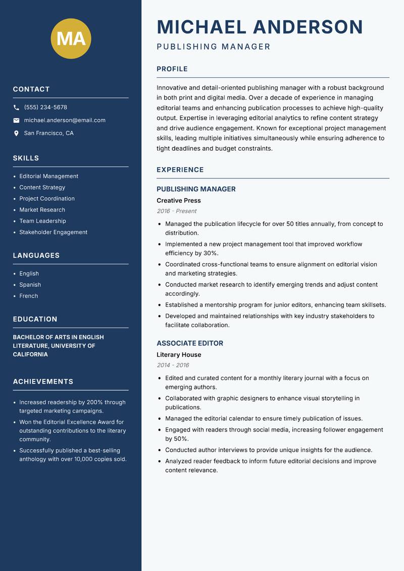 Publisher resume sample — Publishing Manager focus