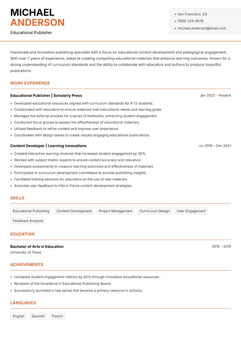 Publisher resume sample — Educational Publisher focus